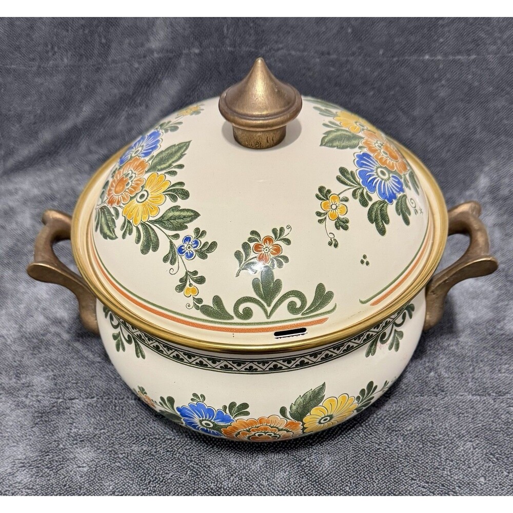 Vintage 1970s ASTA Enamelware 2 Qt Dutch Oven Old Amsterdam Floral Casserole Pot